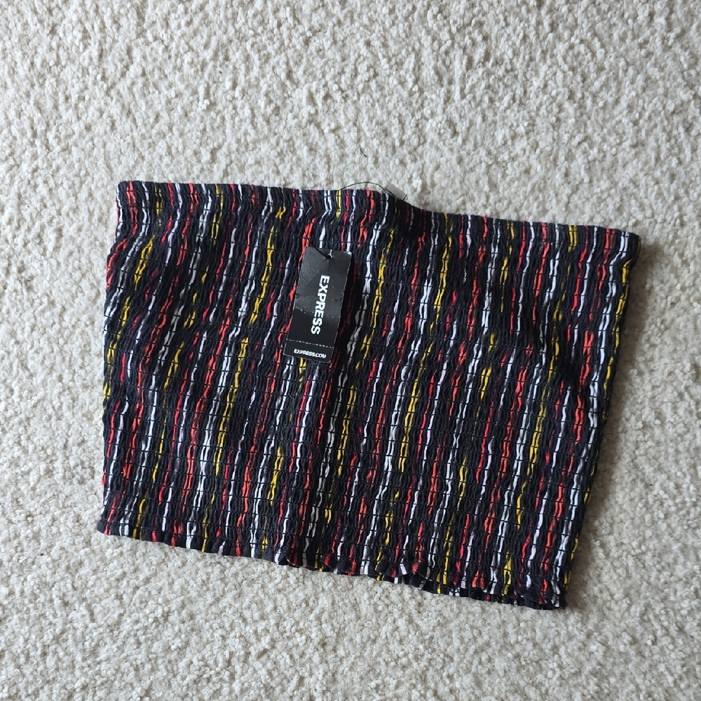 Express Black Smocked Tube Top with Red and Yellow Stitching